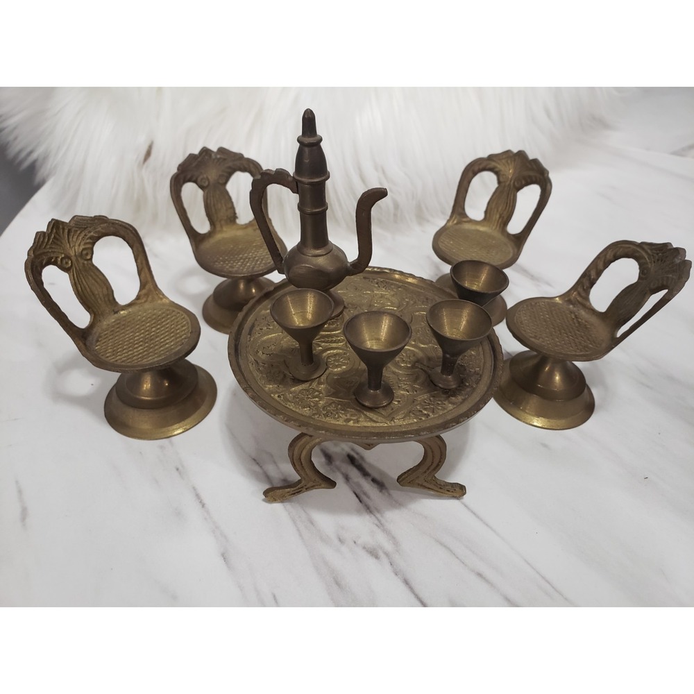 Vintage Brass Dollhouse Table & Chairs And Tea Set Mini 10 piece